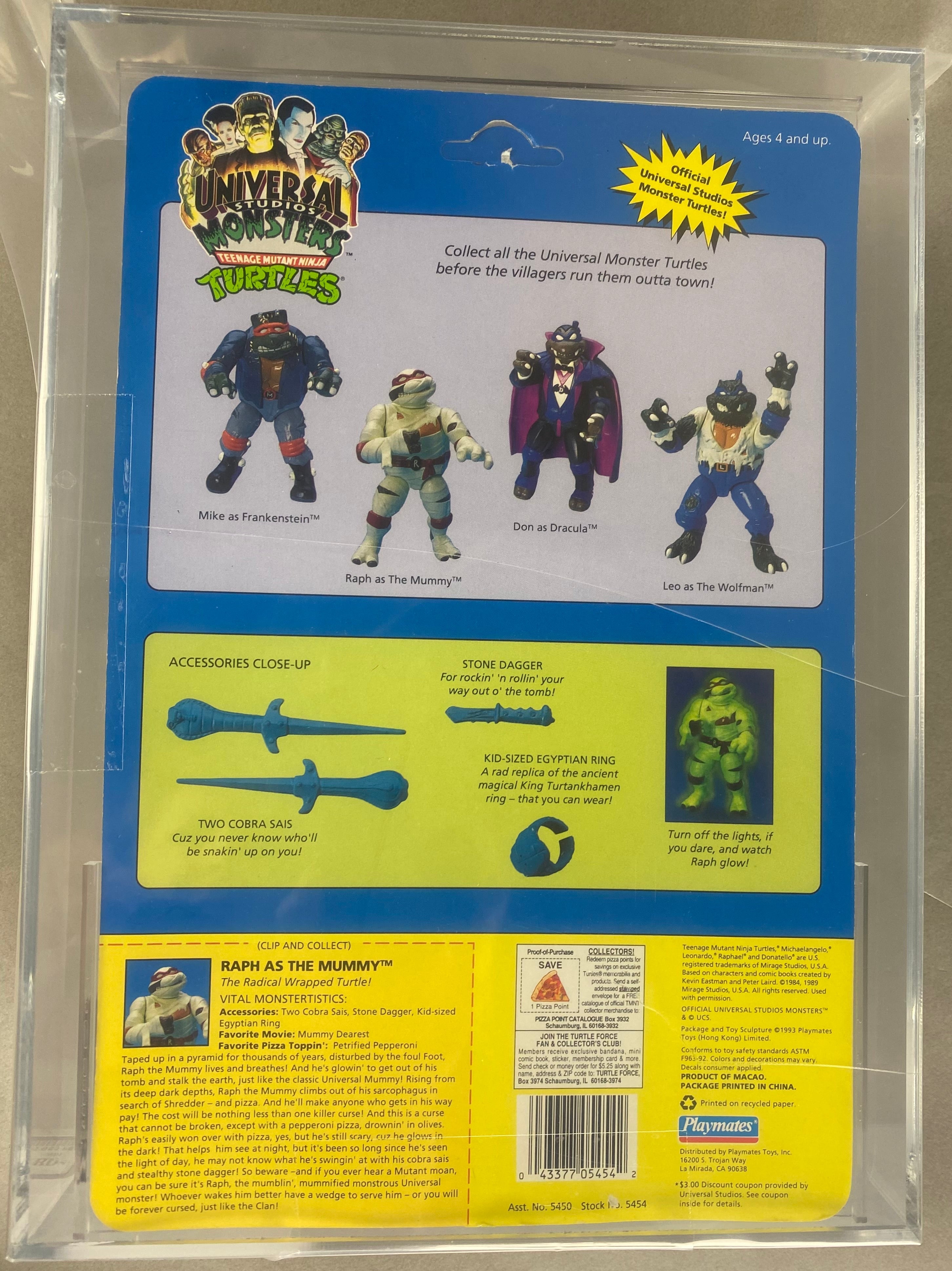 Teenage Mutant Ninja Turtles Raph as The Mummy Universal Studios Monster boxed figure AFA graded 80+. Back photo.